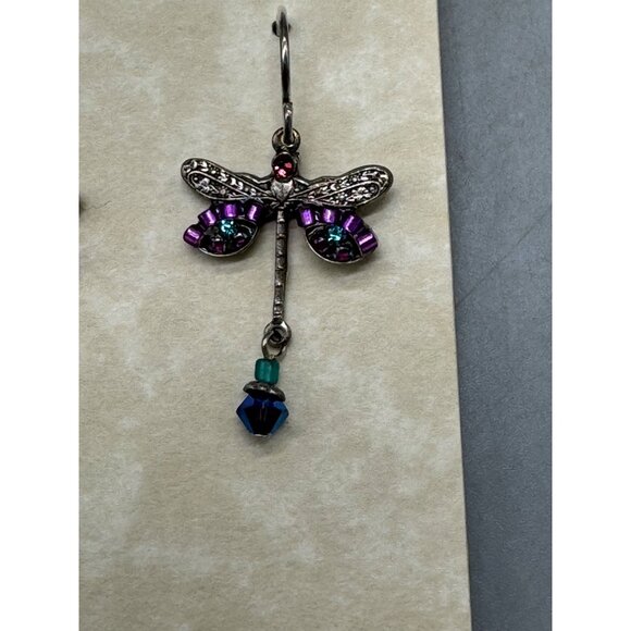 Firefly Dragonfly Dangle Earrings With Purple & Teal Beads On Silver-Tone Hooks - Picture 3 of 5